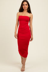 Red Fitted Tube Knit Midi Dress