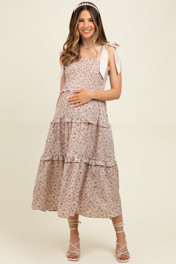 Cream Tie Shoulder Detail Floral Maternity Midi Dress