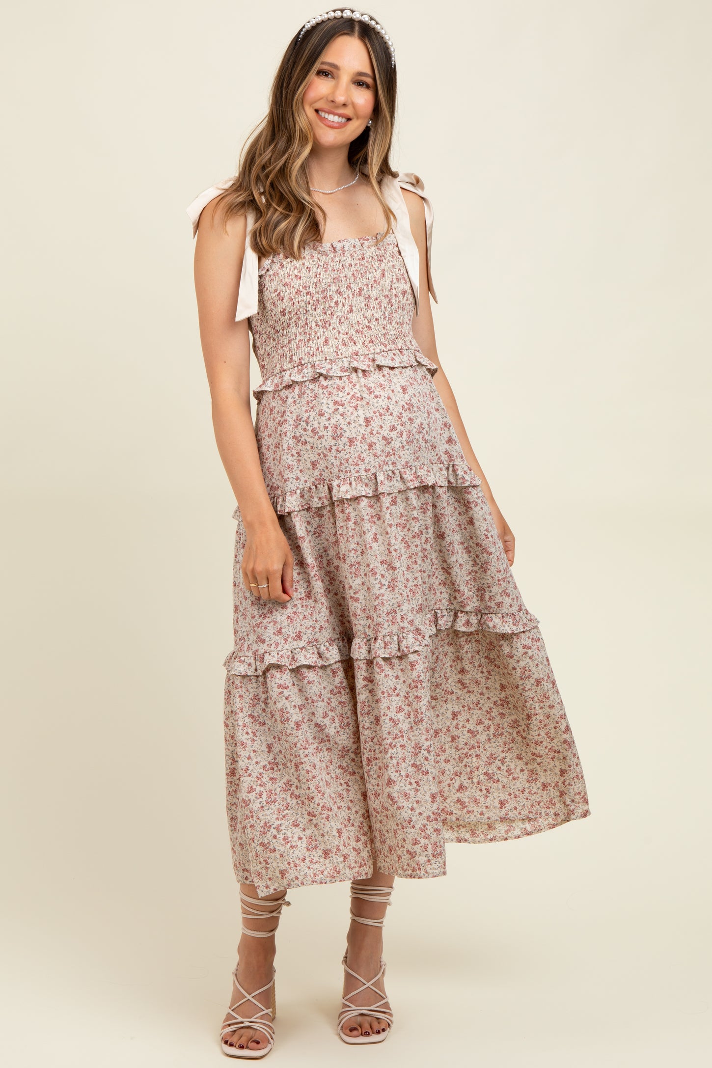 Cream Tie Shoulder Detail Floral Maternity Midi Dress