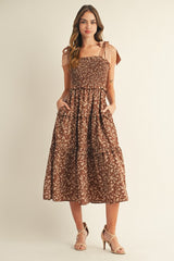 Brown Tie Shoulder Detail Floral Maternity Midi Dress