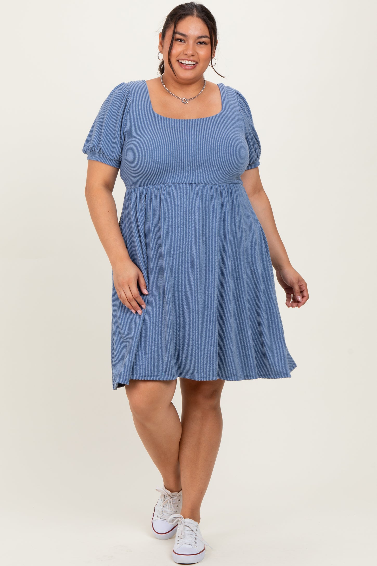 Vintage Denim Puff Rib Plus Maternity Babydoll Dress