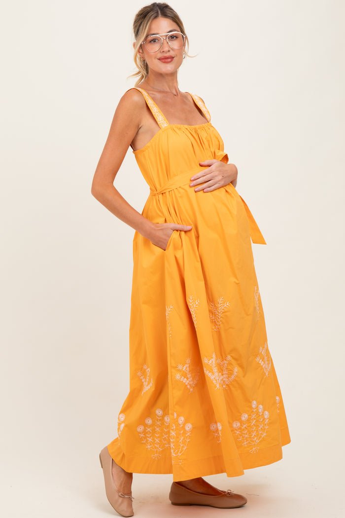 Orange Embroidered Sleeveless Sash Tie Maternity Maxi Dress