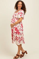 Fuchsia Floral Smocked Flutter Sleeve Maternity Midi Dress