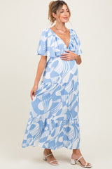 Blue Sleeveless Smocked Back Printed Maternity Maxi Dress