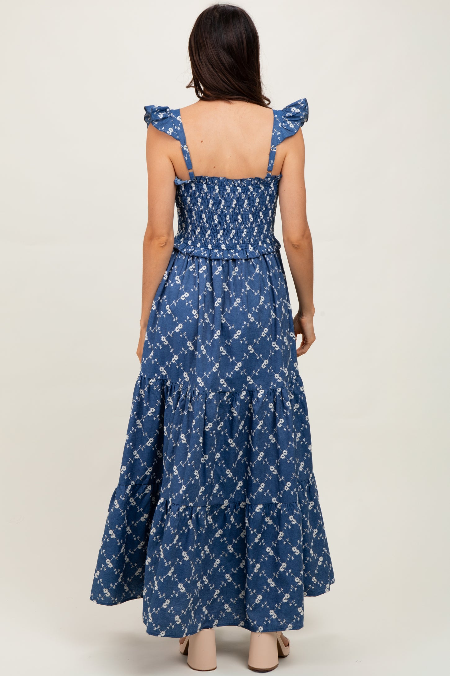 Denim Off White Floral Embroidered Tiered Maxi Dress