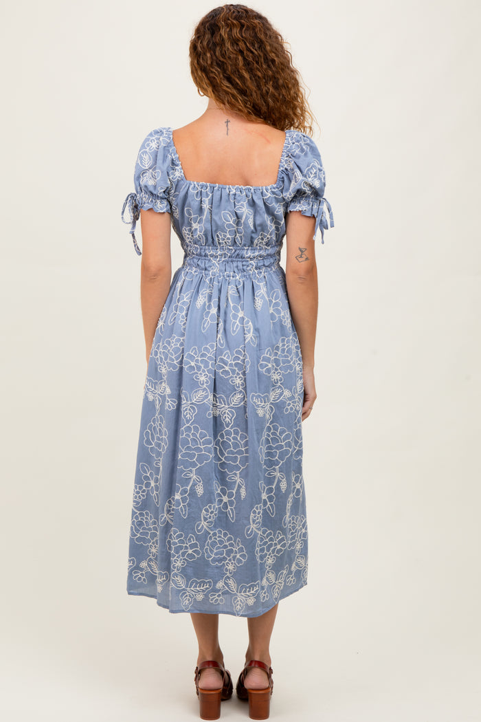 woman wearing a blue floral print midi dress with puff sleeves and a smocked back