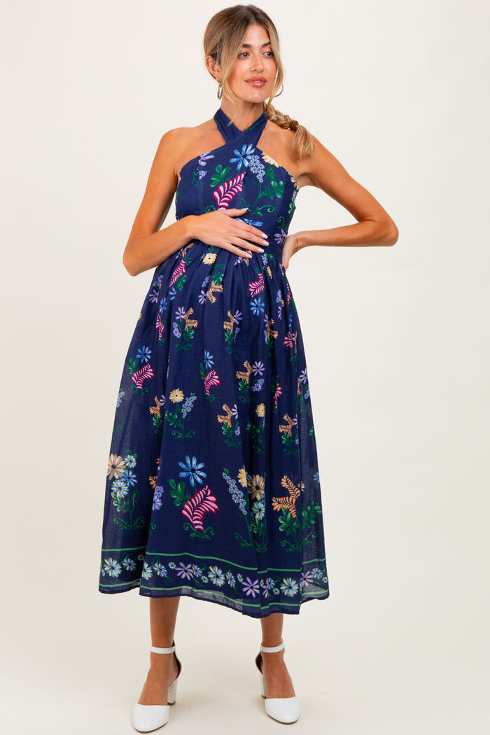 Navy Multi Floral Maternity Maxi Dress