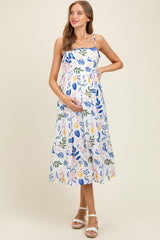 Ivory/Blue Leaf Printed Contrast Piping Detail Maternity Midi Dress