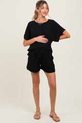 Black Textured Modal Knit Loose Fit Maternity Top & Shorts Set