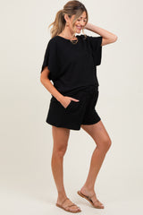 Black Textured Modal Knit Loose Fit Maternity Top & Shorts Set