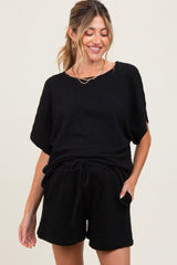 Black Textured Modal Knit Loose Fit Maternity Top & Shorts Set