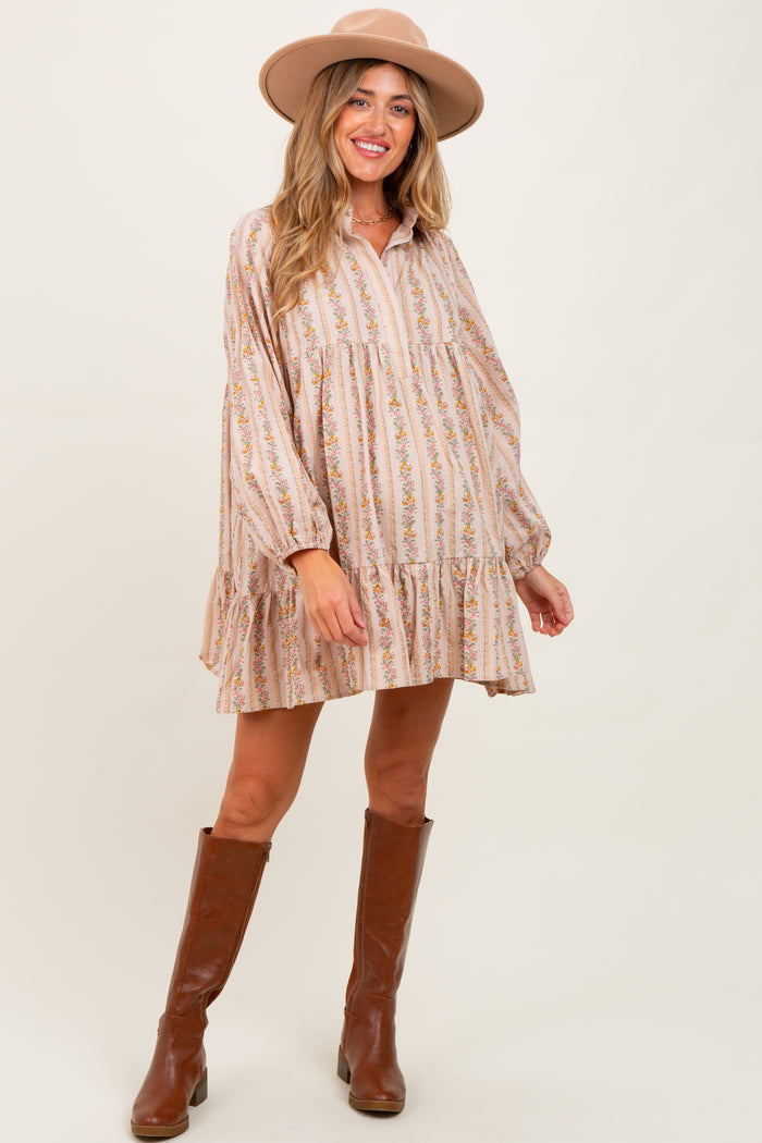 Tan Floral Print Shirring Half Buttoned Maternity Shirt Dress