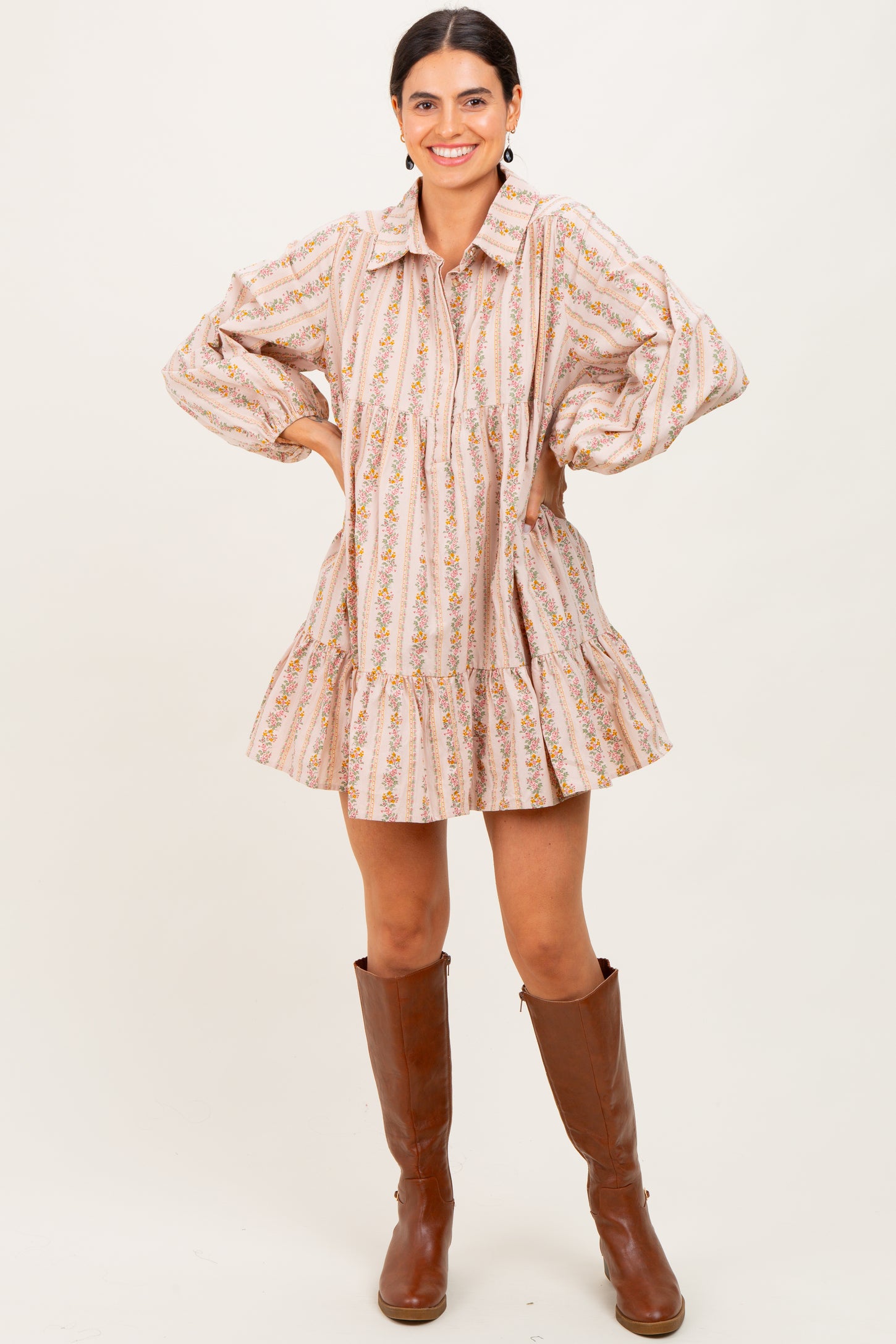 Tan Floral Print Shirring Half Buttoned Maternity Shirt Dress