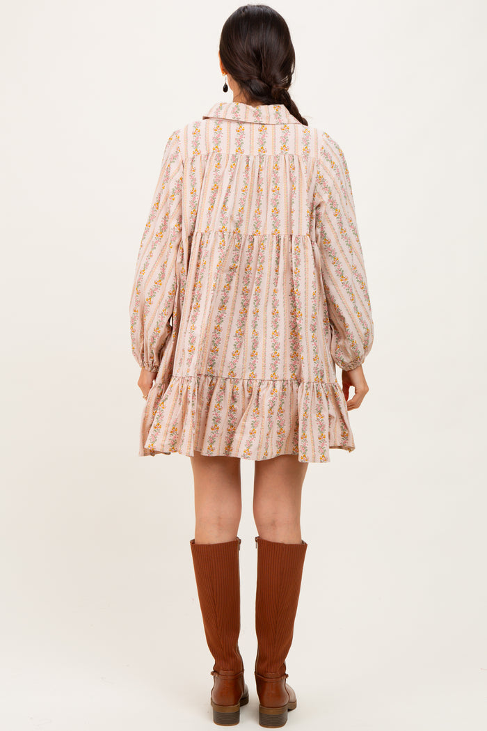 Tan Floral Print Shirring Half Buttoned Shirt Dress