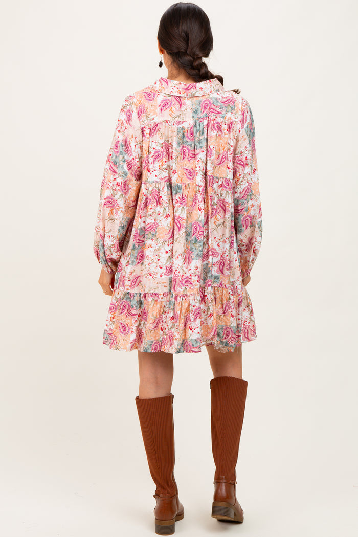 Apricot/Red Multi Floral Paisley Print Half Buttoned Shirt Dress