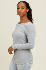 Silver Ribbed Scoop Neck Long Sleeve Top