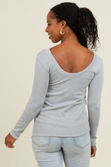 Silver Ribbed Scoop Neck Long Sleeve Top