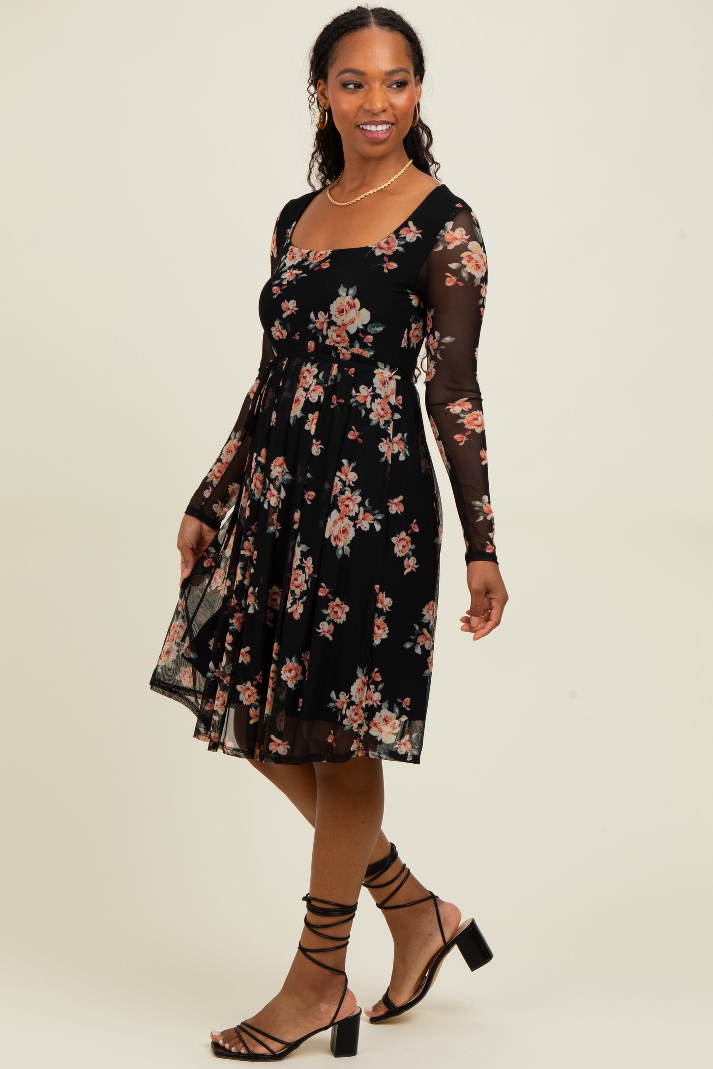 Black Floral Square Neck Long Sleeve Dress