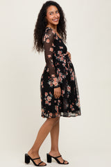 Black Floral Square Neck Long Sleeve Maternity Dress