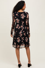 Black Floral Square Neck Long Sleeve Maternity Dress