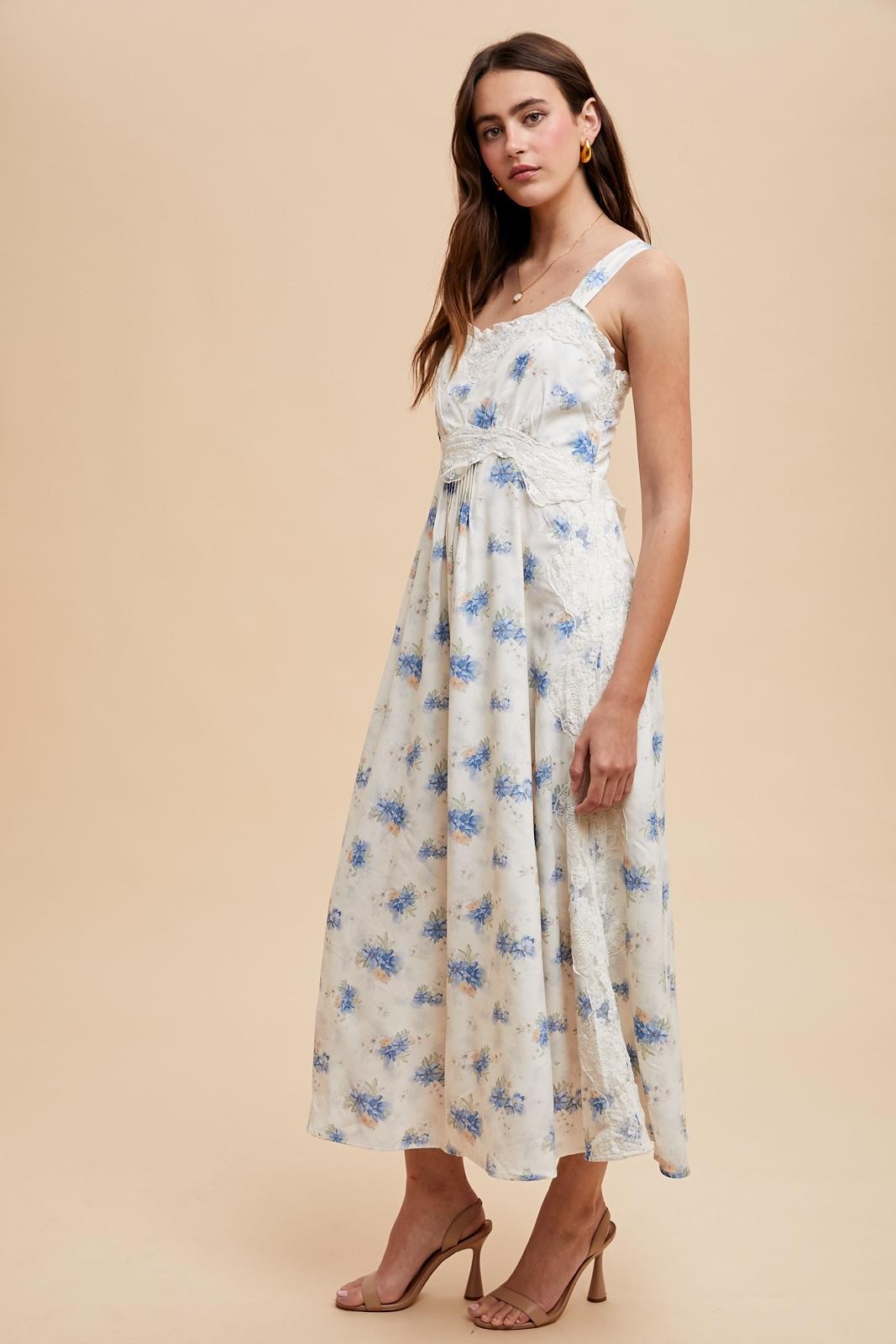Blue Floral Lace Overlay Maxi Dress