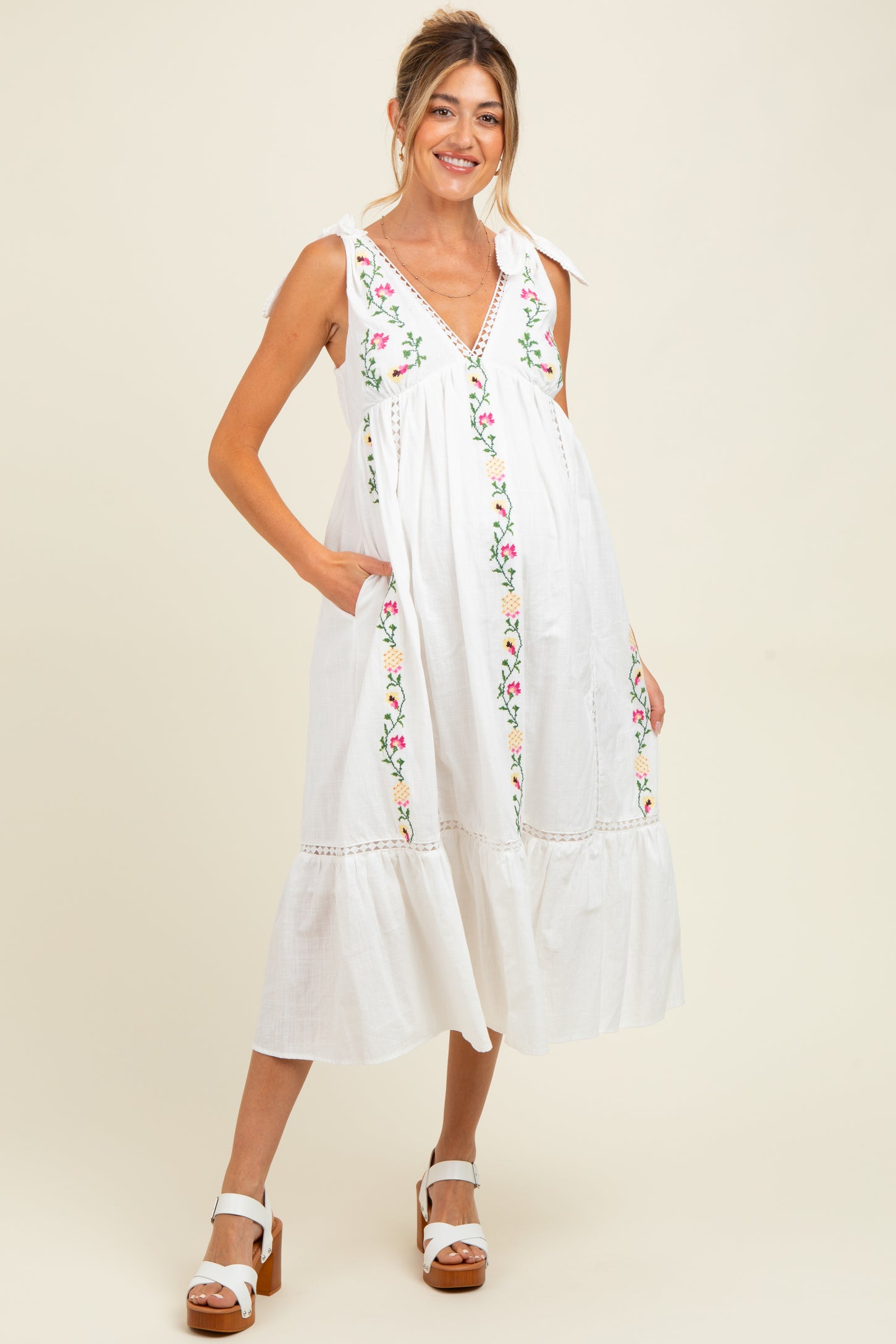 Ivory Embroidered Cotton Summer Maternity Maxi Dress