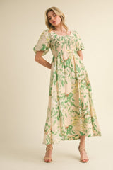 Green Print Puff Sleeve Square Neck Maternity Maxi Dress