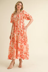 Orange Print Puff Sleeve Square Neck Maxi Dress
