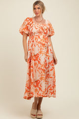 Orange Print Puff Sleeve Square Neck Maternity Maxi Dress
