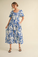 Royal Blue Print Puff Sleeve Square Neck Maxi Dress