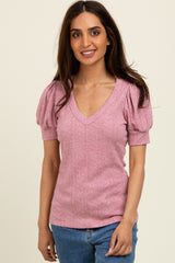 Mauve Textured Short Puff Sleeve Top