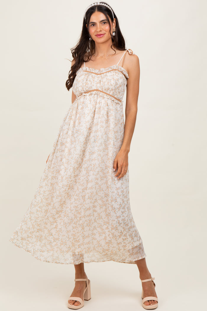 Yellow Garden Floral Printed Smocking Maternity Maxi Dress