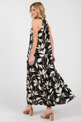 Black/Beige Print Halter Neck Tiered Maxi Dress