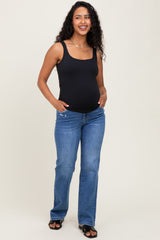 Blue  Mid Rise Full Length Straight Leg Maternity Jeans