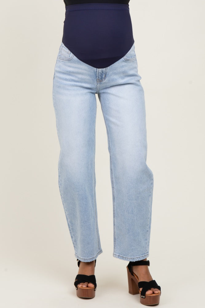 Light Blue High Rise Barrel Leg Maternity Jeans