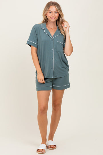 Light Olive Short Sleeve Button Down Shirt Shorts Set