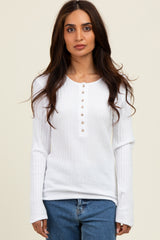 Off White Ribbed Knit Button Long Sleeve Maternity Top