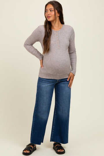 Light Brown Ribbed Knit Button Long Sleeve Maternity Top