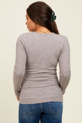 Light Brown Ribbed Knit Button Long Sleeve Maternity Top