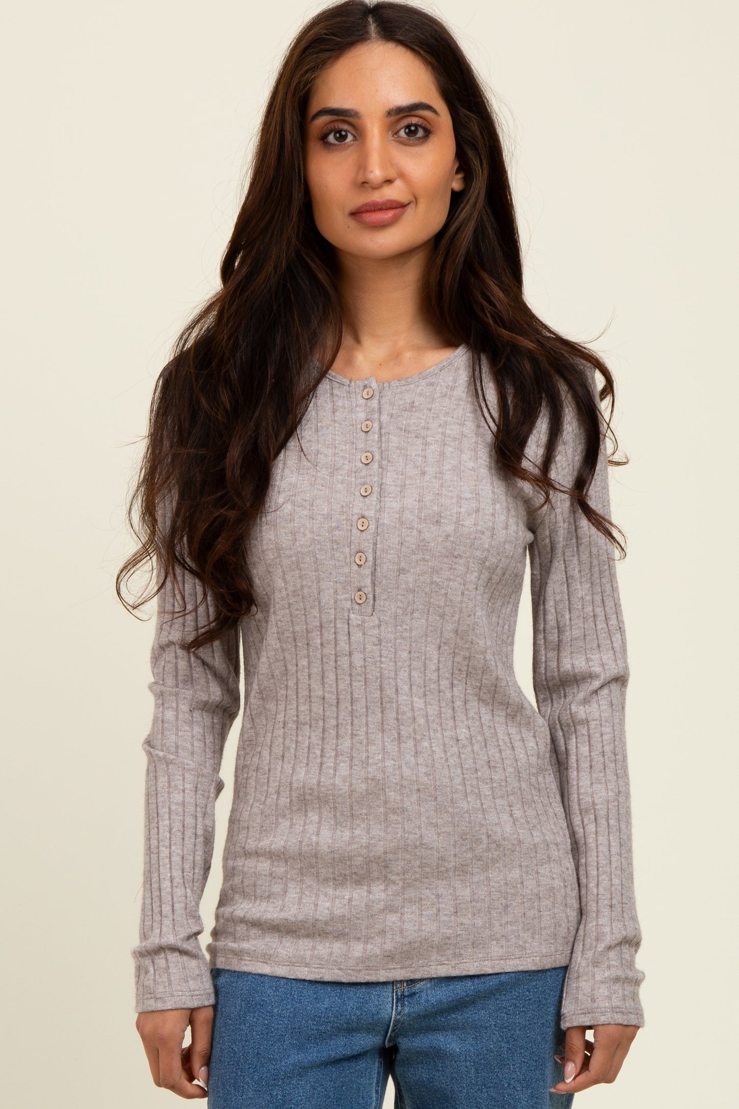 Light Brown Ribbed Knit Button Long Sleeve Maternity Top
