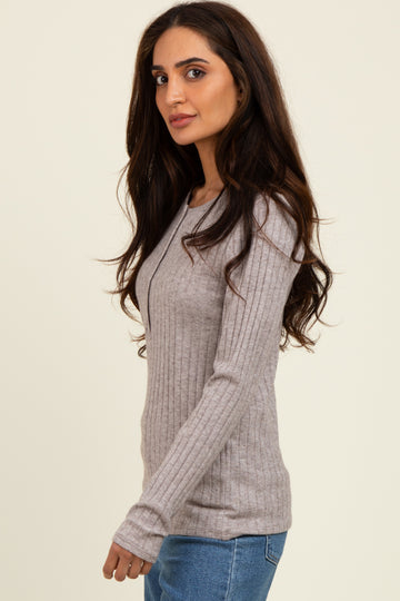 Light Brown Ribbed Knit Button Long Sleeve Top
