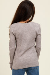 Light Brown Ribbed Knit Button Long Sleeve Top