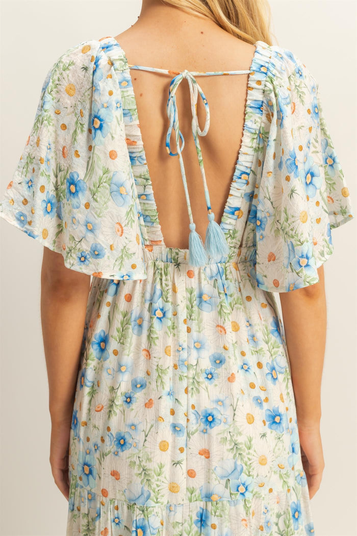 Blue Floral V-Neck Flowy Tiered Maxi Dress