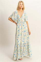 Blue Floral V-Neck Flowy Tiered Maternity Maxi Dress