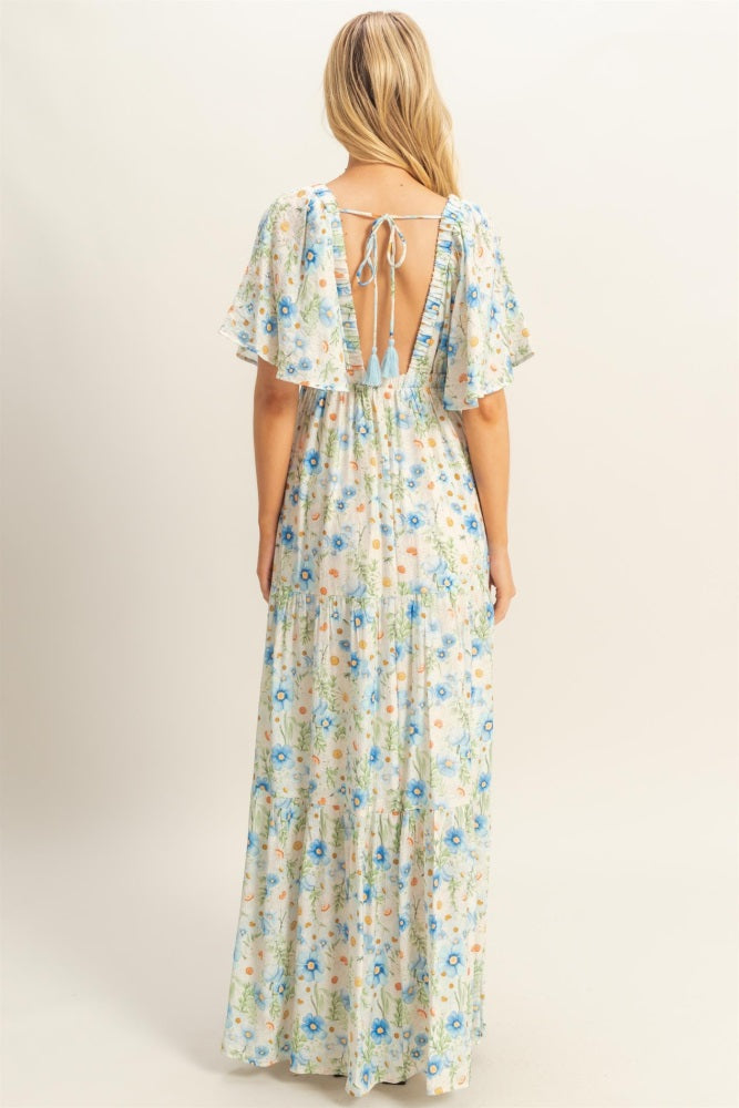 Blue Floral V-Neck Flowy Tiered Maxi Dress