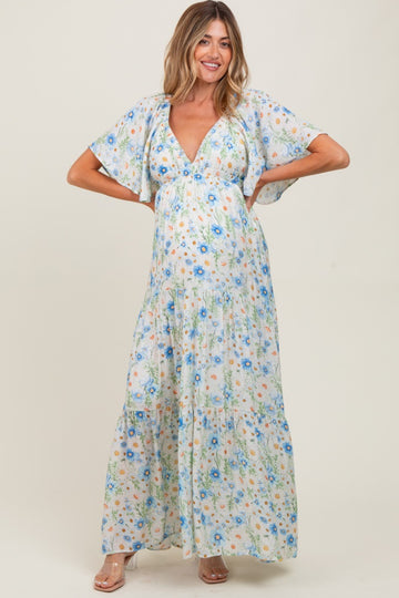 Blue Floral V-Neck Flowy Tiered Maternity Maxi Dress