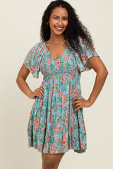 Mint Smocked Bodice V Neck Flutter Sleeve Maternity Dress