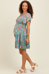 Mint Smocked Bodice V Neck Flutter Sleeve Maternity Dress