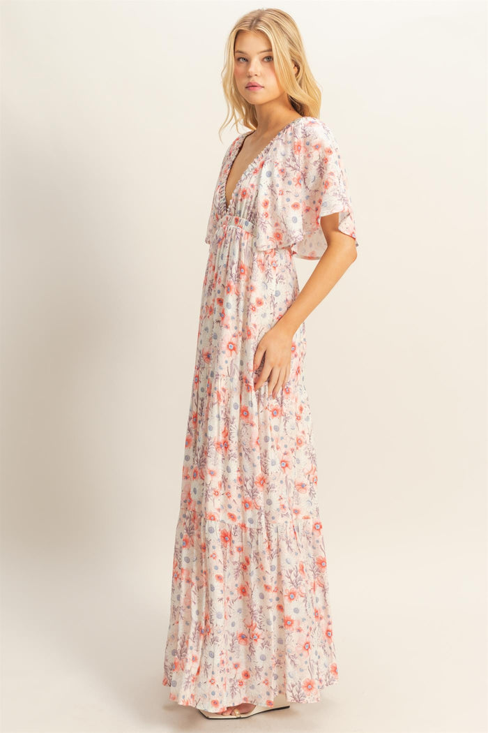 Coral Floral V-Neck Flowy Tiered Maxi Dress