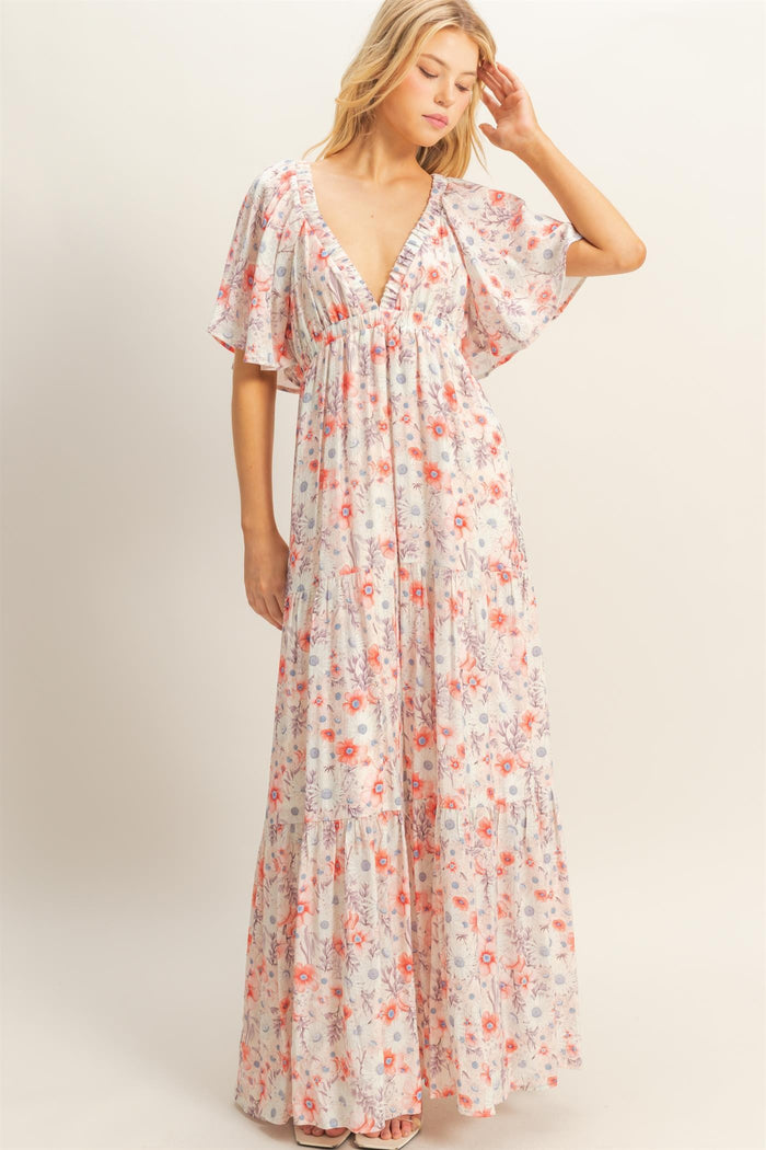 Coral Floral V-Neck Flowy Tiered Maxi Dress